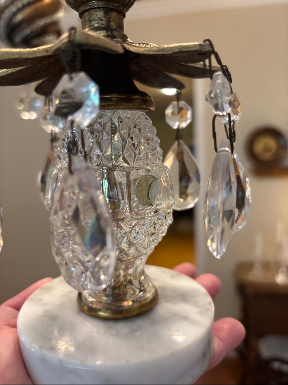 Vintage Hollywood Regency Crystal Brass Marble Candle Holder ITALIAN-PAIR - Picture 5 of 16